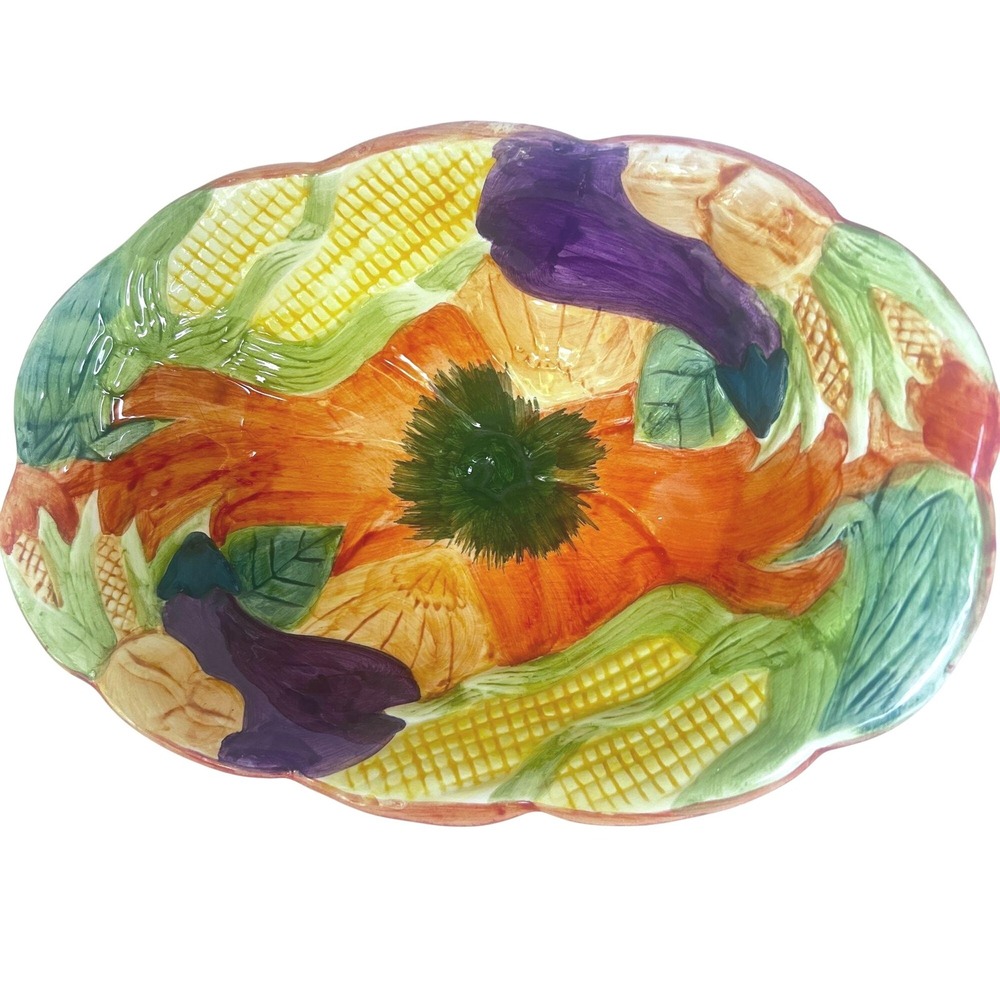 Ceramic Serving Bowl Hand‎ Painted Pumpkin Corn Eggplant Cornucopia Fall Themed